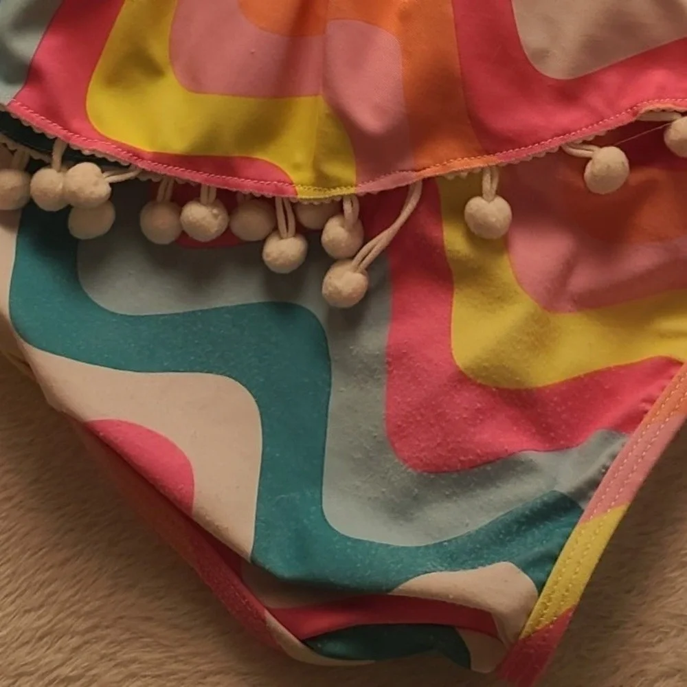 Betsey Johnson Girls XL 14 Sequin Unicorn One Piece Swimsuit Retro Wavy Pom Pom